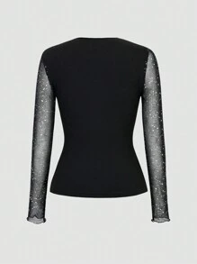 Calvaya Sexy Slim Fit Long Sleeve T-Shirt With Mesh & Sequins Splicing Details
