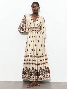 Maija Women V-Neck Long Sleeve Print Pleated Casual Dress Romantic, Fashion, Versatile; Suitable For Summer Vacation, Comfortable, Bohemian Style, Beach Wear, Swimsuit Cover-Up, Stylish, Elegant, Casual, , Simple Daily Wear, Country Style, Essential, Solid Color, Holiday Casual, Decent, Single Lady, Ideal For Vacation Elegant Fashion Business Casual Woman Going Out Tops Graduation Outfit European Summer Hawaii Outfits Women Summer Dresses For Women Streetwear Women Stockholm Style Teacher Outfits For Women