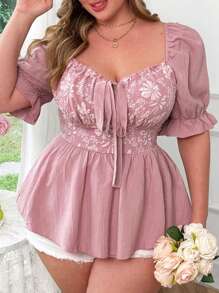 Vibekara Plus Size Women Short Sleeve Polka Dot Print Tie Waist A-Line Elegant Blouse, Pink