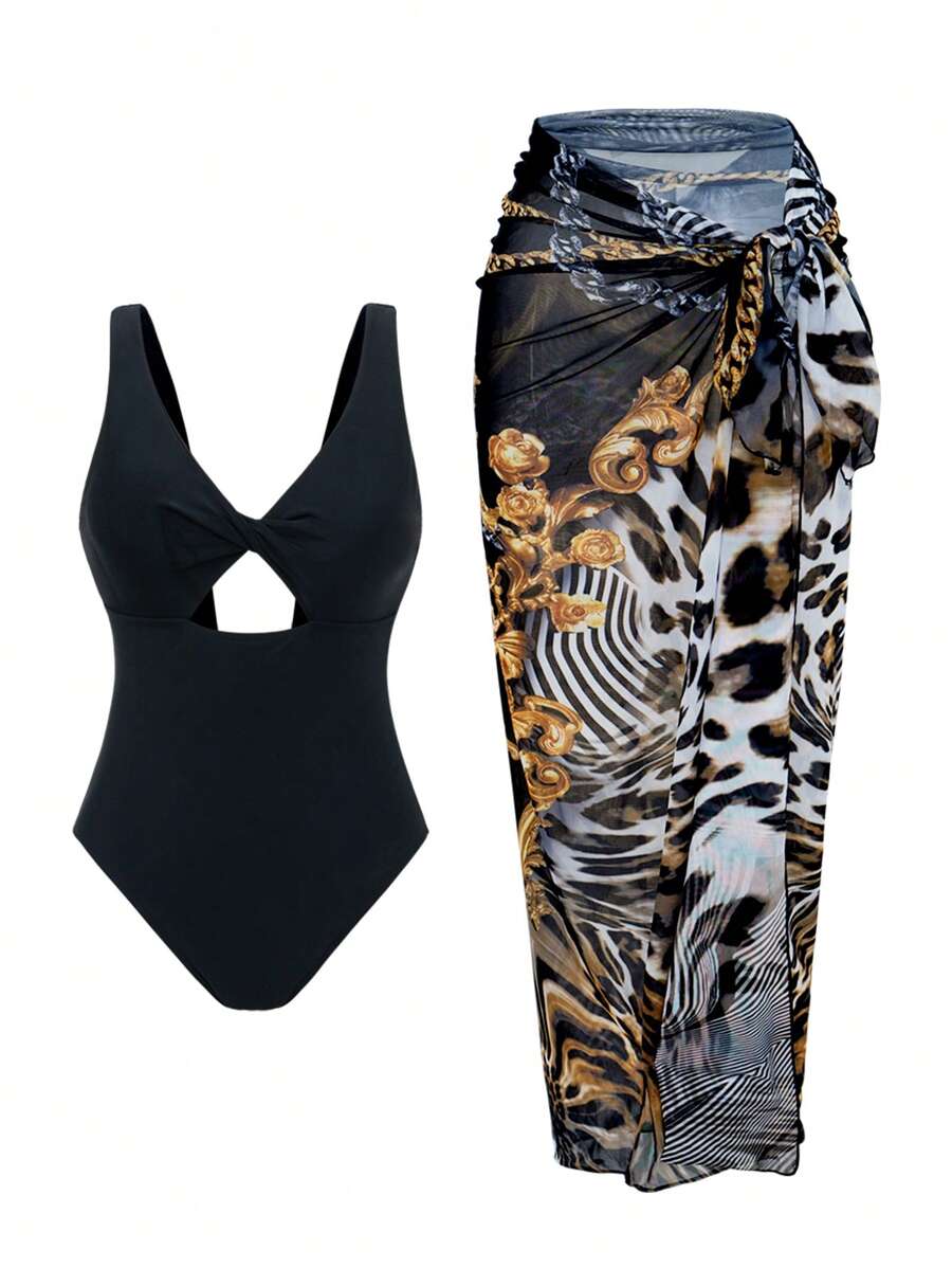 Swim Oasis Women Solid Color One Piece Swimsuit With Printed Tiered Skirt For Summer Beach Vacation - Black - View 1