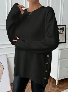 EURMUSE Women's Solid Color Long Sleeve Simple Side Button Round Neck Casual Pullover - Black - View 3