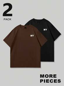 Manfinity Homme Men's 2 Pieces Set Of Fitted Casual Short-Sleeved Round Neck T-Shirts, 2 Pieces Short-Sleeved T-Shirt Set In Different Colors, Simple Letter Slogan Printed Round Neck T-Shirts, Men's Two-Piece Casual Commuting Outfit, Daily Casual Wear For Commuting, Boyfriend Gift.