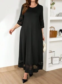 SHEIN Frenchy Plus Size Round Neck 3/4 Sleeve Lace Patchwork Long Dress - Black - View 4