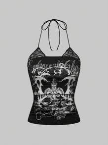 ROMWE Conjunto de 2 piezas: Top halter de estampado vintage de cerezas y contraste floral punk con encaje
