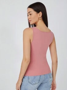 SHEIN BASICS 女款純色方領修身休閒背心上衣 夏季女裝 - 藕粉色 - 查看 2