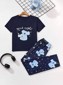 Conjunto de pijama con Top de manga corta con estampado de koala y letras + pantalones para niño preadolescente