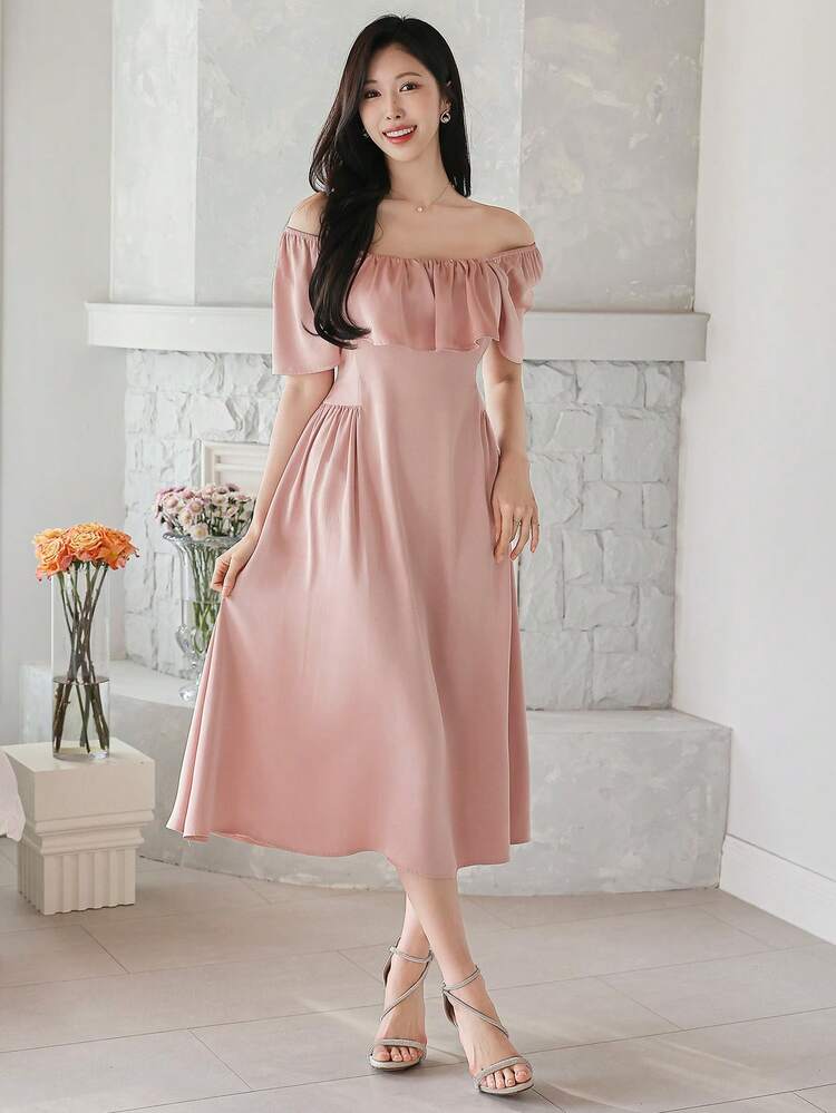 Solid Color Square Neck Ruffle Trim Pleated Midi Dress For Women,Casual Women Dresses
