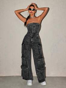 SHEIN ICON Women's Casual Washed Denim Jumpsuit - Dark Grey - View 5