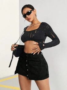 SHEIN PETITE Women's Solid Color Front Button Pocket Simple Casual Denim Shorts