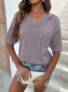 SHEIN LUNE Suéter de punto con capucha hueca de manga corta y hombros caídos de unicolor para mujer