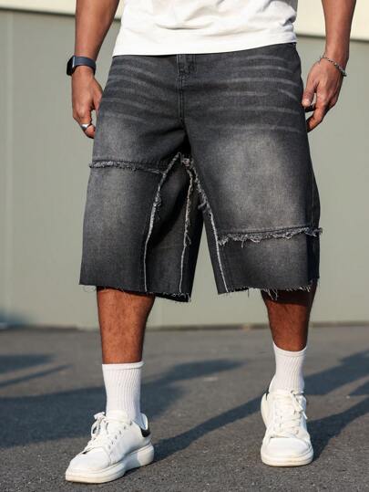 Manfinity Homme Plus Size Men's Casual Denim Black Shorts With Pockets & Frayed Hem Tropical Street Hang Out