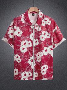 Manfinity EMRG Men's Front Zipper Short Sleeve Allover Print Simple Casual Shirt