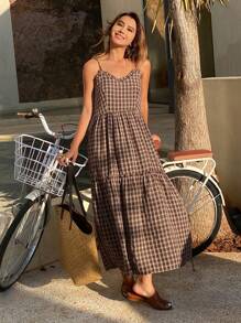 Livesso Retro Pattern Spaghetti Strap Dress With Ruffle Hem Patchwork Summer Sundress,Casual Women Dresses Plaid - Brown - View 1