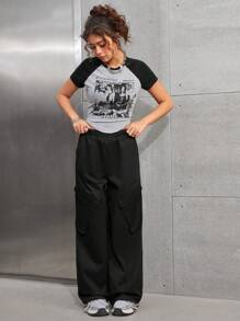SHEIN 2pcs/Set Teen Girls Portrait Colorblock T-Shirt And Pocket Long Pants Outfit
