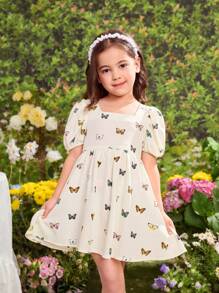 SHEIN Young Girl Gathered Puff Sleeve Fitted Woven Dress