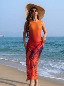 SHEIN Swim Damska narzutka z nadrukiem liści ombre maxi z rozcięciem z boku i sznurkiem, regulowana na plażę i wakacje