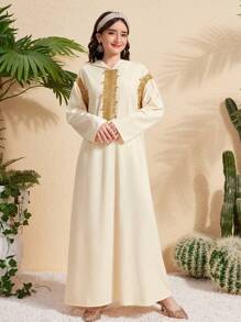 Teen Girl Casual Loose Hooded Long Sleeve Dress, Featuring Lace Crochet Decoration, Gold Trim, Elegant Design For Teenage Girls - Apricot - View 5