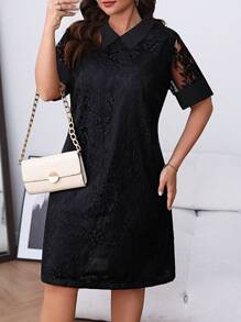 SHEIN Clasi Women's Peter Pan Collar Splicing Lace Sleeve Heterogeneous Fabric Contrasting Design Straight Fit Casual Slim Fit Short Sleeve Dress