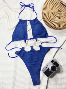 Swim SXY 1pc Women's Textured Fabric Solid Color Cut Out Front Sexy Halter One-Piece Swimsuit, For Summer Beach Vacation - Royal Blue - View 4