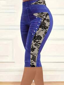 Ellevyn 1pc Women's Denim Effect Print Leggings, Casual & Fashionable For Everyday Wear