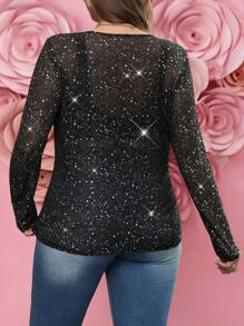 SHEIN LUNE قمصان كاجوال لفصل الصيف طويلة الأكمام شفافة بياقة مستديرة مثالية للأحجام الكبيرة