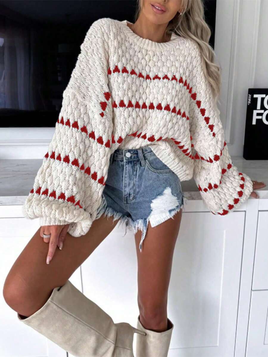 Chiquease Crew Neck Loose Oversized Long Sleeve Top Knit Pullover Fall Winter Outfit - Multicolor - View 1