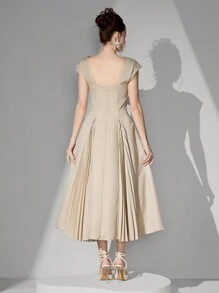 Poshira Women Elegant Solid Color Square Neck Pleated Hem Formal Evening Gown, Vintage Dress,Women Spring And Summer Fashion Party Party Date Holiday Wedding Celebrity Dress Dress, Fashionable Waist And Large Dress, Wedding Guest Dress, Prom Dress