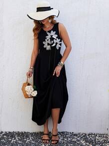 Franclia Plus Size Boho Sleeveless Bustline Waist Fitted Dress, Black Retro Elegant Gangster Wife Style Dress For Commuting And Casual Outings, For Summer