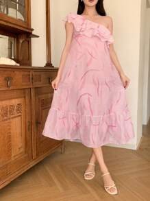 DAZY Floral Ruffled Asymmetric Neck Midi Dress For Women Sundress,Casual Women Dresses - Pink - View 3