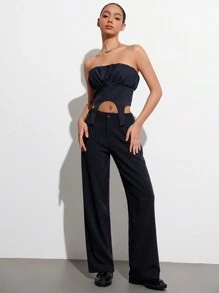 Aveloria Affinna Conjunto de traje de dama con bustier asimétrico a rayas con silueta de globo y pantalón de pierna recta, con estilos punk, romántico, de oficina, Vamp, elegante, sofisticado y de Y2K