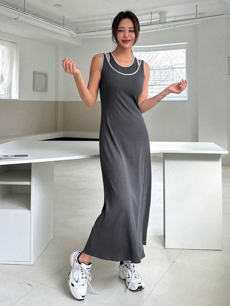 Women Mid-Length Solid Color Casual Simple Dress, For Daily Wear Summer Sundress Maxi Dress