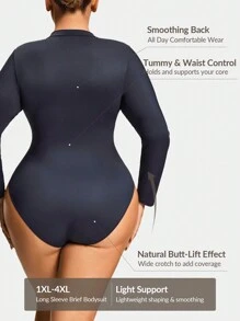 SHAPORA Plus Size Shaping Wear Outside Long Sleeve Shapewear Thong Bodysuit Body Shaper Butt Lifter-Tummy Waist Thigh Control - Black - View 2