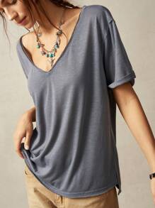 Bohemela Áo thun nữ tay ngắn cổ chữ V màu trơn đơn giản rộng rãi - Xám - Xem 4