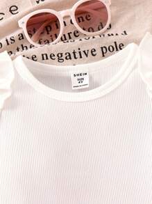 2pcs/Set Young Girl Ribbed Cap Sleeve Ruffle Hem 2 In 1 Beaded Shorts Autumn Outfit - Pink - View 4