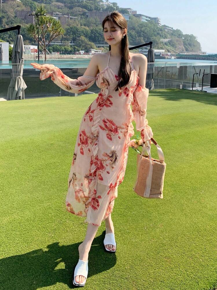 Floral Print Sleeveless Ruffle Hem Slit Midi Dress For Women,Fall Dress Long Sleeve Dress Boho