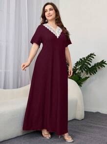 Al Najma Plus Size Women Textured Fabric Short Sleeve Lace Trim Long Arabian Dress - Burgundy - View 4