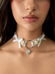ROMWE Kawaii Japan Kawaii Lolita Lace Lovely Heart Crystal Pendant Necklace With Ruffle Choker For Women