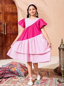 Tween Girl' Casual Adorable Resort Colorblock Layered Cap Sleeve Dress