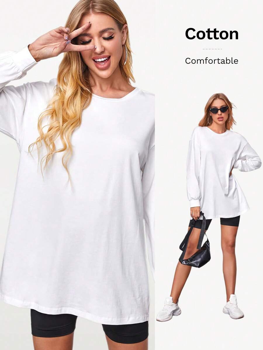 SHEIN BASICS Women's Loose Round Neck Drop Shoulder Long Sleeve Casual T-Shirt, Solid Color, Autumn - White - View 1