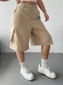 POPSWAY Plus Size Solid Color Casual Minimalist Versatile Sport Wide Loose Academic Flared Zipper Drawstring Cargo Pocket Shorts, Spring/Summer