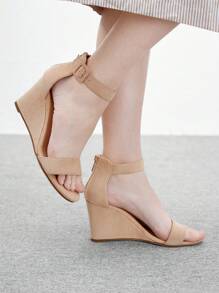 CUCCOO BIZCHIC 女士时尚杏色绒面革材质绑带踝带经典简约风格舒适坡跟凉鞋，适合通勤、约会、派对 - 杏色 - 查看 1