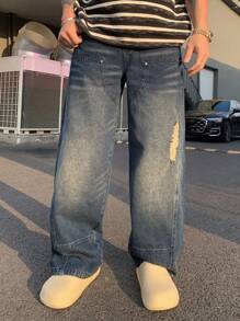 DAZY Plain Blue Distressed Vintage Men's Denim Jeans, Autumn
