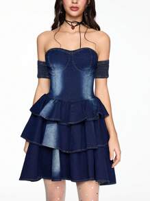 ROMWE Fairycore Women's Sexy Off Shoulder Ruffle Hem Denim Slip Dress