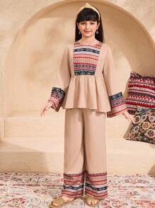 Tween Girls Ramadan Leisure Round Neck Long Sleeve Top & Straight Leg Pants Set, Yellow