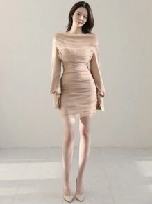 DAZY Women's Elegant Solid Color Mesh Draped Neck Fitted Mini Dress Elegant - Khaki - View 2