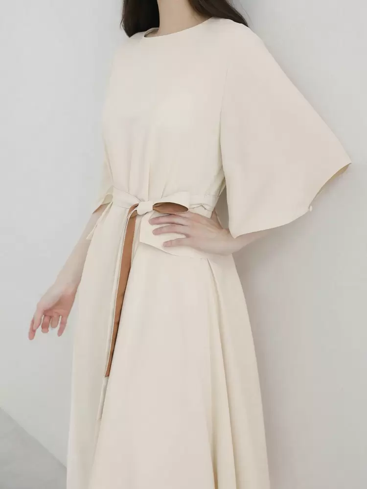 Women's Contrast Color Pleated Bell Sleeve Midi Dress Sundress