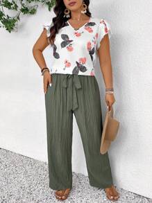 SHEIN Frenchy 2pcs/Set Women Plus Size Boho Print Top And Green Pants Set, Fashion New Style For Spring And Summer Going Out Sets