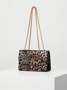 A Retro Fashion Leopard Print Mini Square Bag With Flap Opening, Metal Double Chain Shoulder Bag, Adjustable To Crossbody Bag, Suitable For Women's Daily And Students' Casual Use, Leopard Print Bag