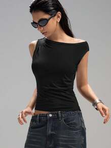 LYSMO Women's Casual Versatile Asymmetrical Shoulder Basic Black Tank Top