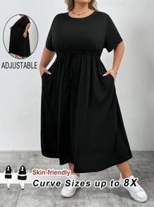 SHEIN CURVE+ Plus Size Women Summer Casual Black Belted Waist Loose Dress With Pockets, Long Sleeve